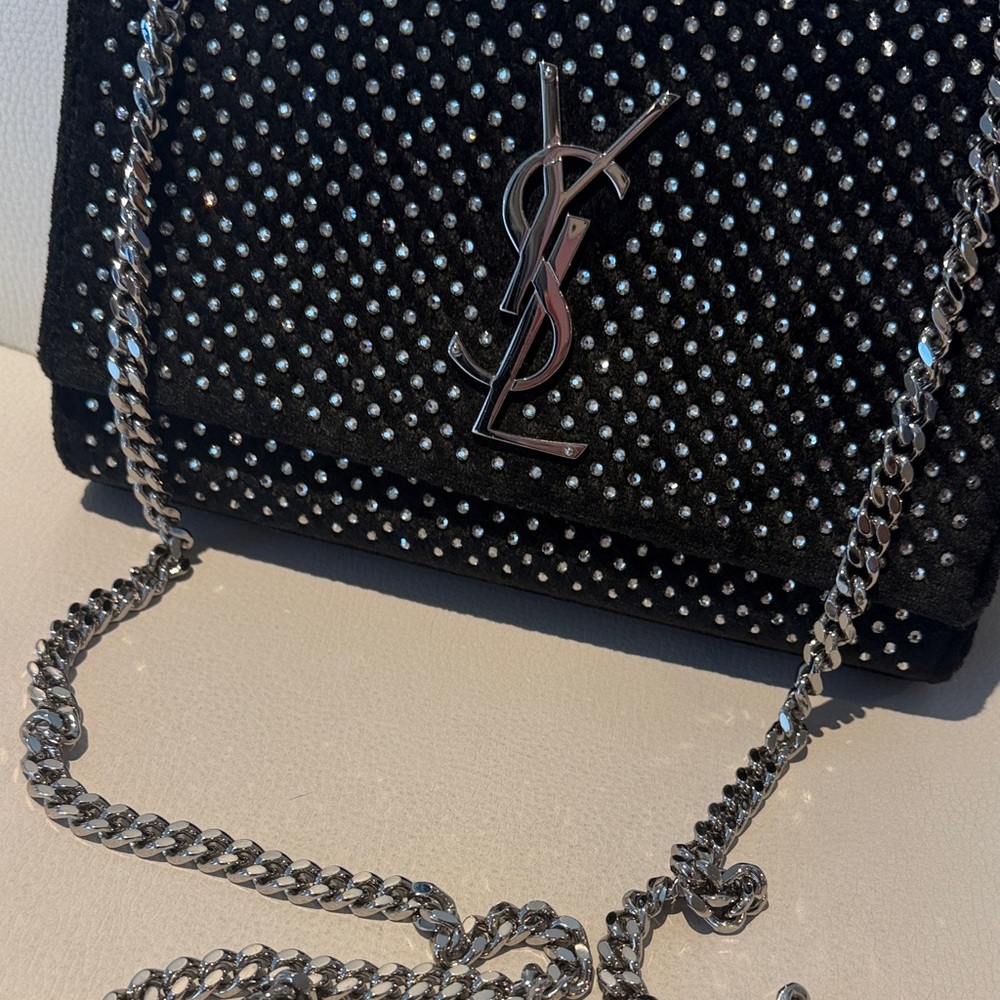 Saint Laurent Black Velvet Crossbody Bag with Crystal Accents - Picture 3 of 10
